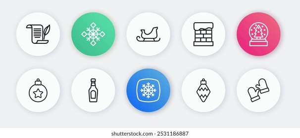 Set line Snowflake, Christmas snow globe, ball, toy, chimney, santa claus sleigh, mittens and Champagne bottle icon. Vector