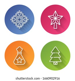 Set line Snowflake, Christmas star, Santa Claus bag gift and Christmas tree. Color circle button. Vector