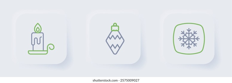 Set line Snowflake, Christmas toy and Burning candle icon. Vector