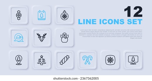Set line Snowflake, Christmas tree, Reindeer, Candy cane with stripes, Santa Claus hat, day calendar and  icon. Vector