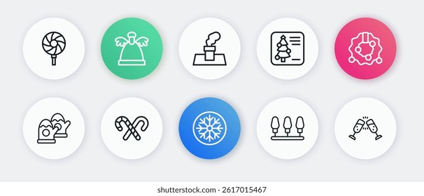 Set line Snowflake, Christmas wreath, mittens, lights, postcard, chimney, Glass of champagne and Candy cane with stripes icon. Vector