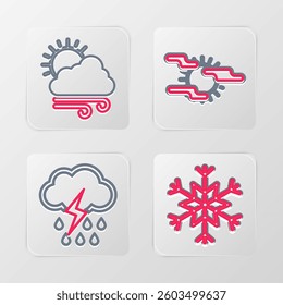 Set line Snowflake, Cloud with rain and lightning, Fog sun and Windy weather icon. Vector