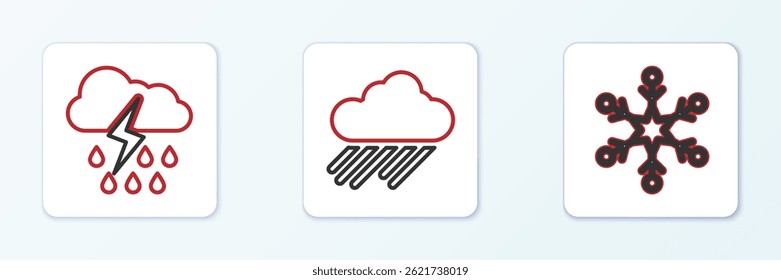 Definir linha Floco de neve, Nuvem com chuva e raios e ícone. Vetor