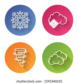 Set line Snowflake, Cloud with snow, Tornado and Cloud. Color circle button. Vector