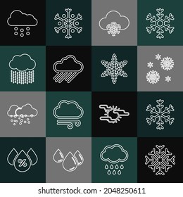 Fijar la línea Copo de nieve, Nube con nieve, lluvia e icono. Vector