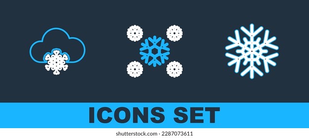 Fijar la línea Copo de nieve, Nube con nieve e icono. Vector