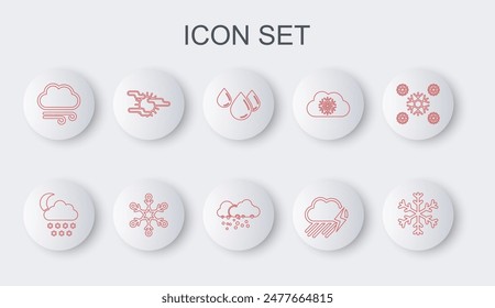 Copo de Nieve, Nube con nieve y luna, Gota de agua, relámpago, Clima ventoso, Niebla, e ícono. Vector