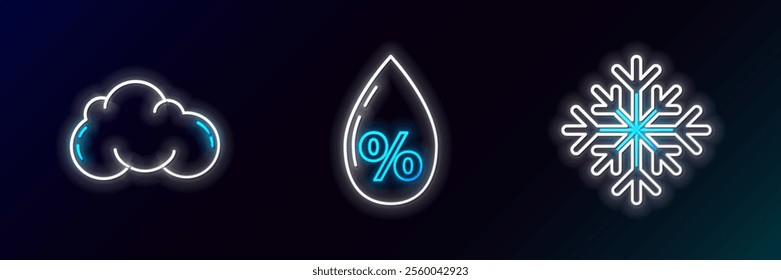 Set line Snowflake, Cloud and Water drop percentage icon. Glowing neon. Vector