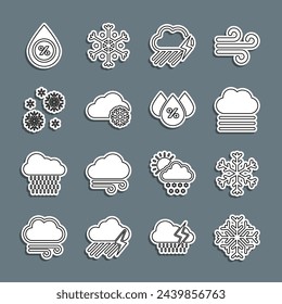 Set line Snowflake, Fog and cloud, Cloud with rain lightning, snow, Water drop percentage and  icon. Vector