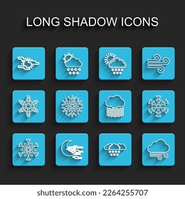 Set line Snowflake, Fog and moon, sun, Cloud with snow, Windy weather,  and rain icon. Vector