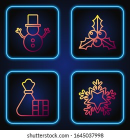 Ponga en línea Snowflake, caja y bolsa de regalo, snowman navideño y viburnum de sucursal o rosa guelder. Iconos de color degradado. Vector