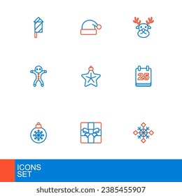 Set line Snowflake, Gift box, Christmas ball, day calendar, Holiday gingerbread man cookie, star, Reindeer and Santa Claus hat icon. Vector