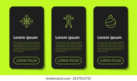 Set line Snowflake, Holiday gingerbread man cookie and Christmas ball. Business infographic template. Vector