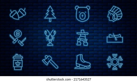 Set line Snowflake, Kayak or canoe, Bear head, Lobster, Curling sport game, Acorn, Inukshuk and Christmas tree icon. Vector