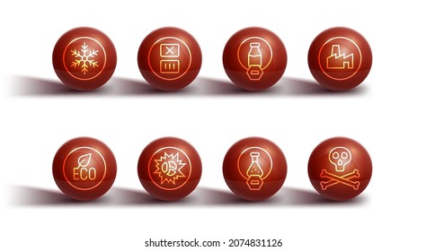 Set line Snowflake, Leaf Eco symbol, Factory production, Test tube and flask, Bomb explosion, Temperature wash, Bones skull warning and Lactose free icon. Vector