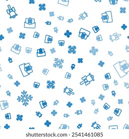 Set line Snowflake, Merry Christmas ringing bell and postcard on seamless pattern. Vector