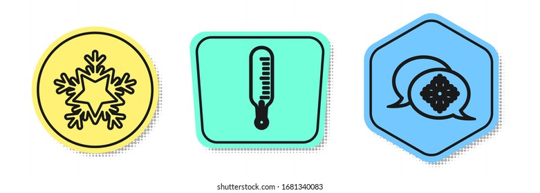 Set line Snowflake, Meteorology thermometer measuring and Snowflake with speech bubble. Colored shapes. Vector