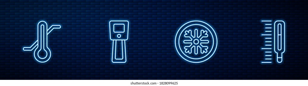 Set line Schneeflocke, Meteorologie Thermometer, Digital und Medical. Leuchtendes Neonsymbol an der Ziegelwand. Vektorgrafik