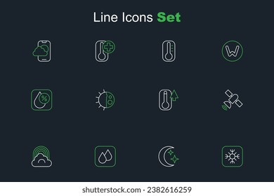 Set line Snowflake, Moon and stars, Water drop, Rainbow with cloud, Satellite, Thermometer, Day night cycle and percentage icon. Vector
