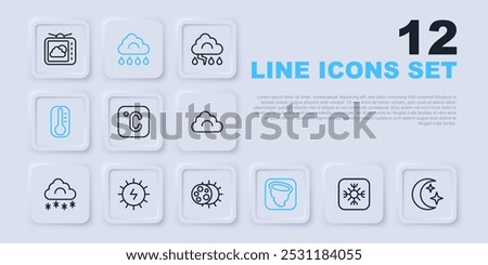 Set line Snowflake, Moon and stars, Celsius, Tornado, Thermometer, Solar energy panel, Cloud with rain and Eclipse of the sun icon. Vector