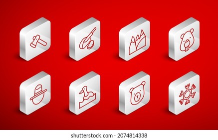 Set line Snowflake, Peameal bacon, Mountains, Beaver animal, Bear head, Wooden axe, Flying duck and Canadian ranger hat icon. Vector