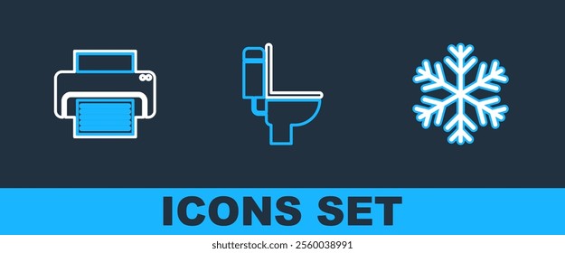 Set line Snowflake, Printer and Toilet bowl icon. Vector