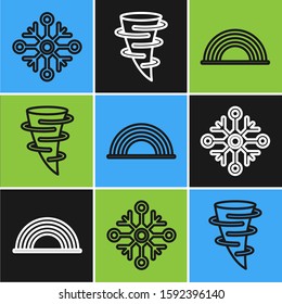 Set line Snowflake, Rainbow with clouds and Tornado icon. Vector
