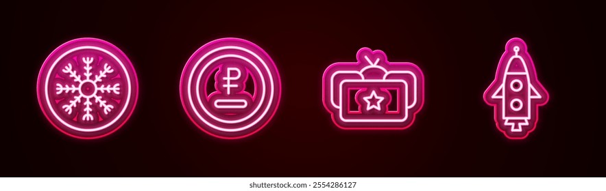 Set line Snowflake, Rouble, ruble currency, Ushanka and Rocket ship. Glowing neon icon. Vector