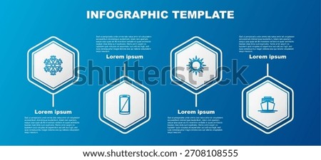 Set line Snowflake, Smartphone, mobile phone, Sun and Ship. Business infographic template. Vector