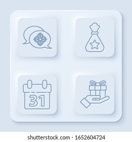 Set line Snowflake with speech bubble, Santa Claus bag gift, Calendar and Gift box in hand. White square button. Vector