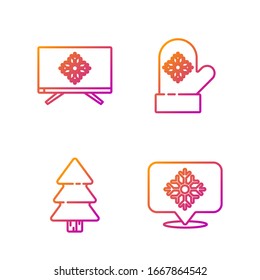 Set line Snowflake with speech bubble, Christmas tree, Merry Christmas on television and Christmas mitten. Gradient color icons. Vector
