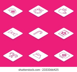 Set line Snowflake with speech bubble, Christmas wreath, Coffee cup, Bow tie, candy cane stripes, on smartphone snowflake,  and Mountains icon. Vector