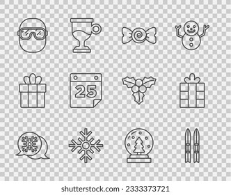 Set line Snowflake speech bubble, Ski and sticks, Candy, goggles, Calendar, Christmas snow globe and Gift box icon. Vector