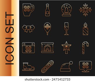 Set line Snowflake speech bubble, Christmas candy cane, Burning candle, snow globe, Balloons with snowflake, Bow tie, Coffee cup and Glass champagne icon. Vector