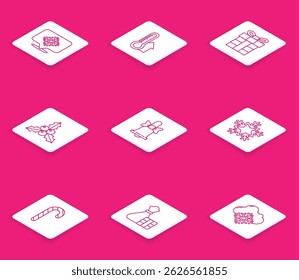 Set line Snowflake with speech bubble, Meteorology thermometer measuring, Gift box, Branch viburnum guelder rose, Merry Christmas ringing bell, candy cane stripes and bag icon. Vector