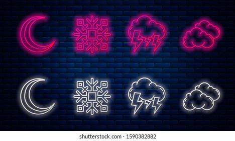 Set line Snowflake, Storm, Moon and stars and Cloud. Glowing neon icon on brick wall. Vector