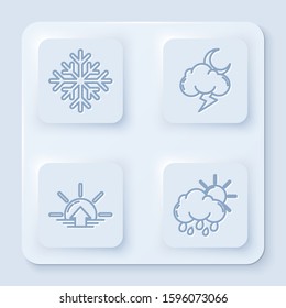 Set line Snowflake, Storm, Sunrise and Cloud with rain and sun. White square button. Vector