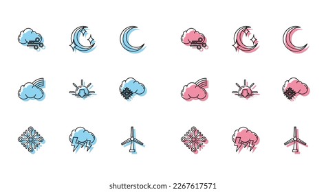 Set line Snowflake, Storm, Windy weather, turbine, Sunset, Cloud with snow, Rainbow clouds and Moon and stars icon. Vector