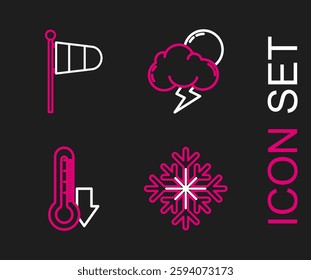 Set line Snowflake, Thermometer, Storm and Cone meteorology windsock wind vane icon. Vector