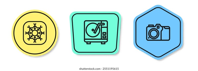 Set line Snowflake, Vinyl player with vinyl disk and Photo camera. Colored shapes. Vector