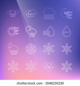Set line Snowflake, Water drop, Fog and cloud, Cloud with snow sun,  and percentage icon. Vector