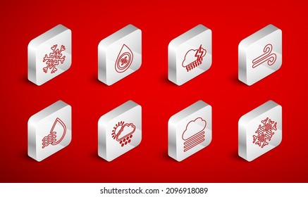 Set line Snowflake, Water drop percentage, Cloud with rain and lightning, Wind, Fog cloud, snow sun and  icon. Vector