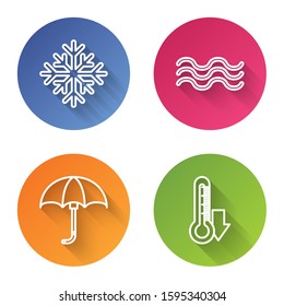 Set line Snowflake, Waves, Classic elegant opened umbrella and Thermometer. Color circle button. Vector
