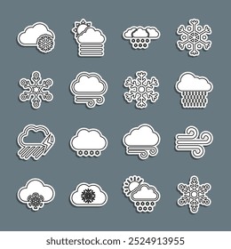 Set line Snowflake, Wind, Cloud with rain, snow, Windy weather,  and  icon. Vector