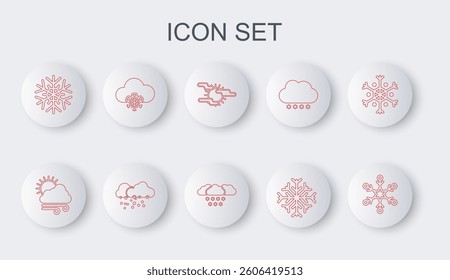 Set line Snowflake, Windy weather, Fog and sun, Cloud with snow,  and  icon. Vector