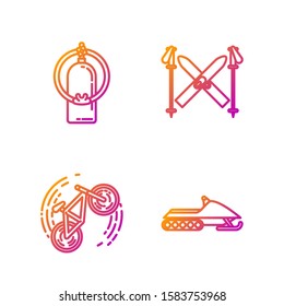 Set line Snowmobile, Bicycle trick, Aqualung and Ski and sticks. Gradient color icons. Vector