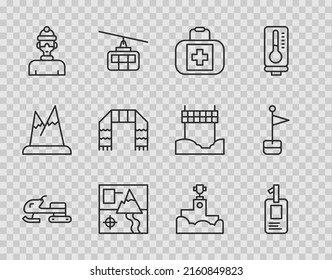 Línea Snowmobile, insignia de identificación, botiquín de primeros auxilios, mapa doblado, atleta de invierno, bufanda, podio galardonado e icono de marcador de ubicación. Vector