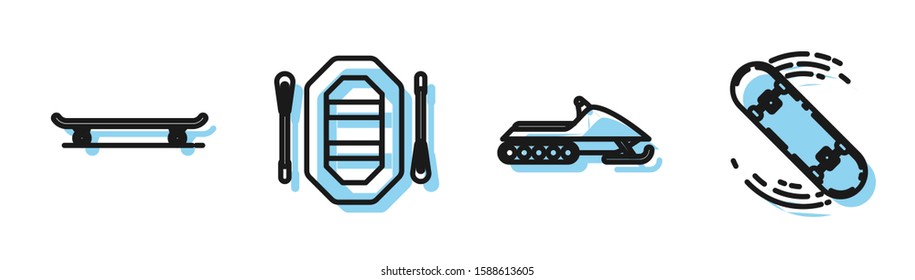 Set line Snowmobile, Skateboard, Rafting boat and Skateboard trick icon. Vector