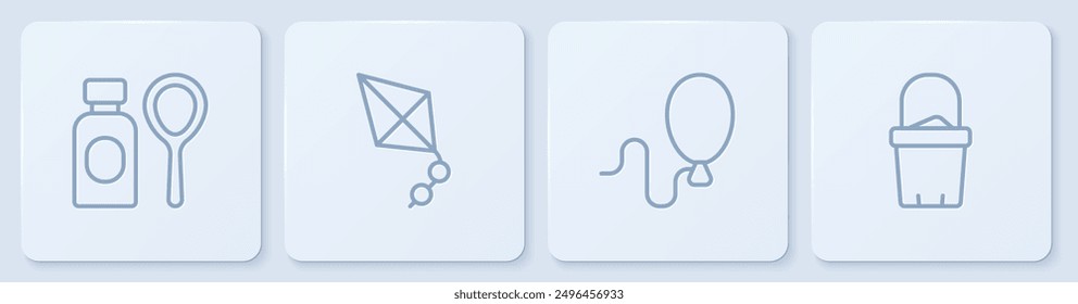 Set line Soap bubbles bottle, Balloons, Kite and Sand in bucket. White square button. Vector