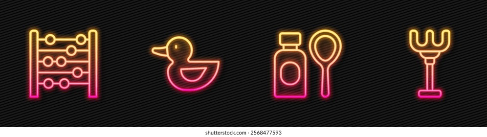 Set line Soap bubbles bottle, Abacus, Rubber duck and Rake toy. Glowing neon icon. Vector